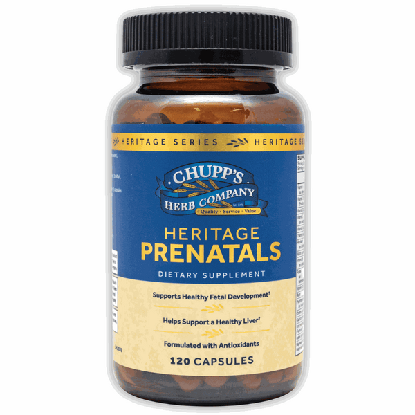 Prenatal Heritage Series vitamins bottle supporting fetal development and liver health.