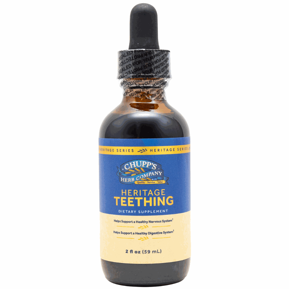 Teething Heritage Series herbal blend for gentle teething relief, made with organic ingredients and natural berry flavor.