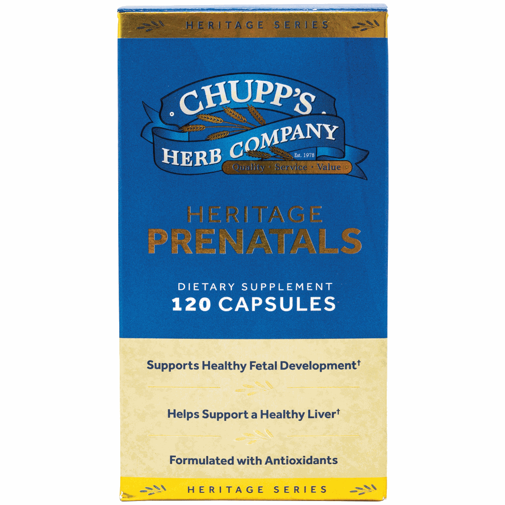 Prenatal Heritage Series supplement box with 120 capsules, supports healthy fetal development.