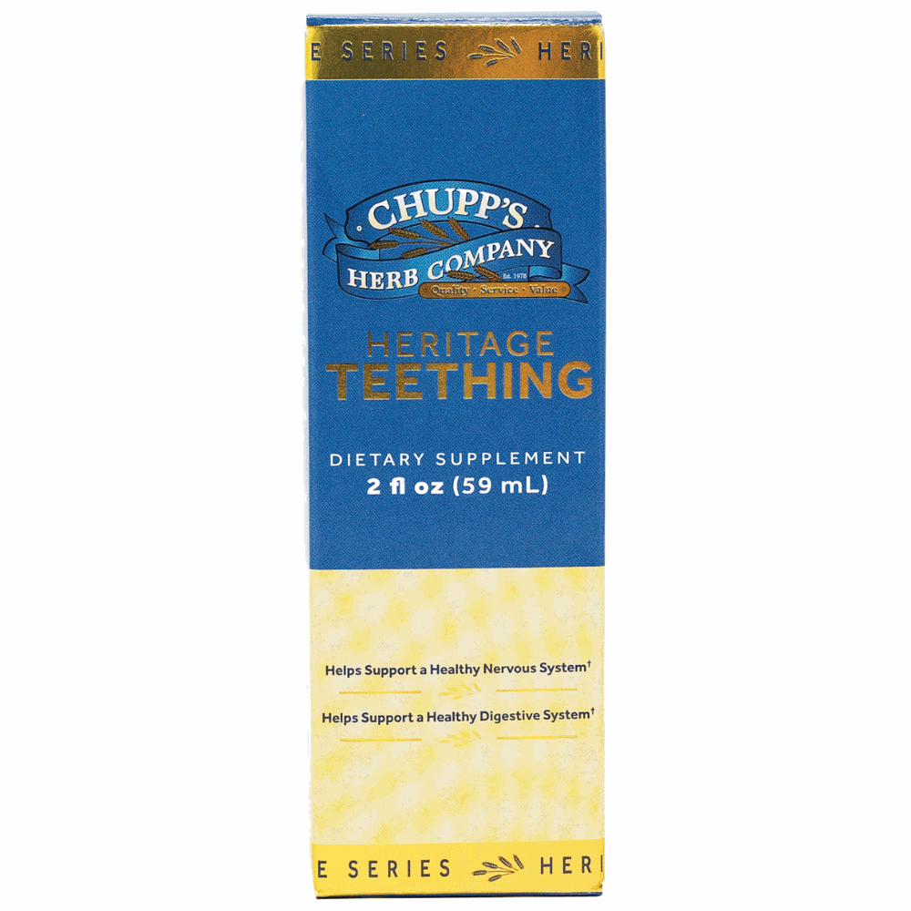 Teething Heritage Series herbal supplement packaging with organic ingredients and natural berry flavor.