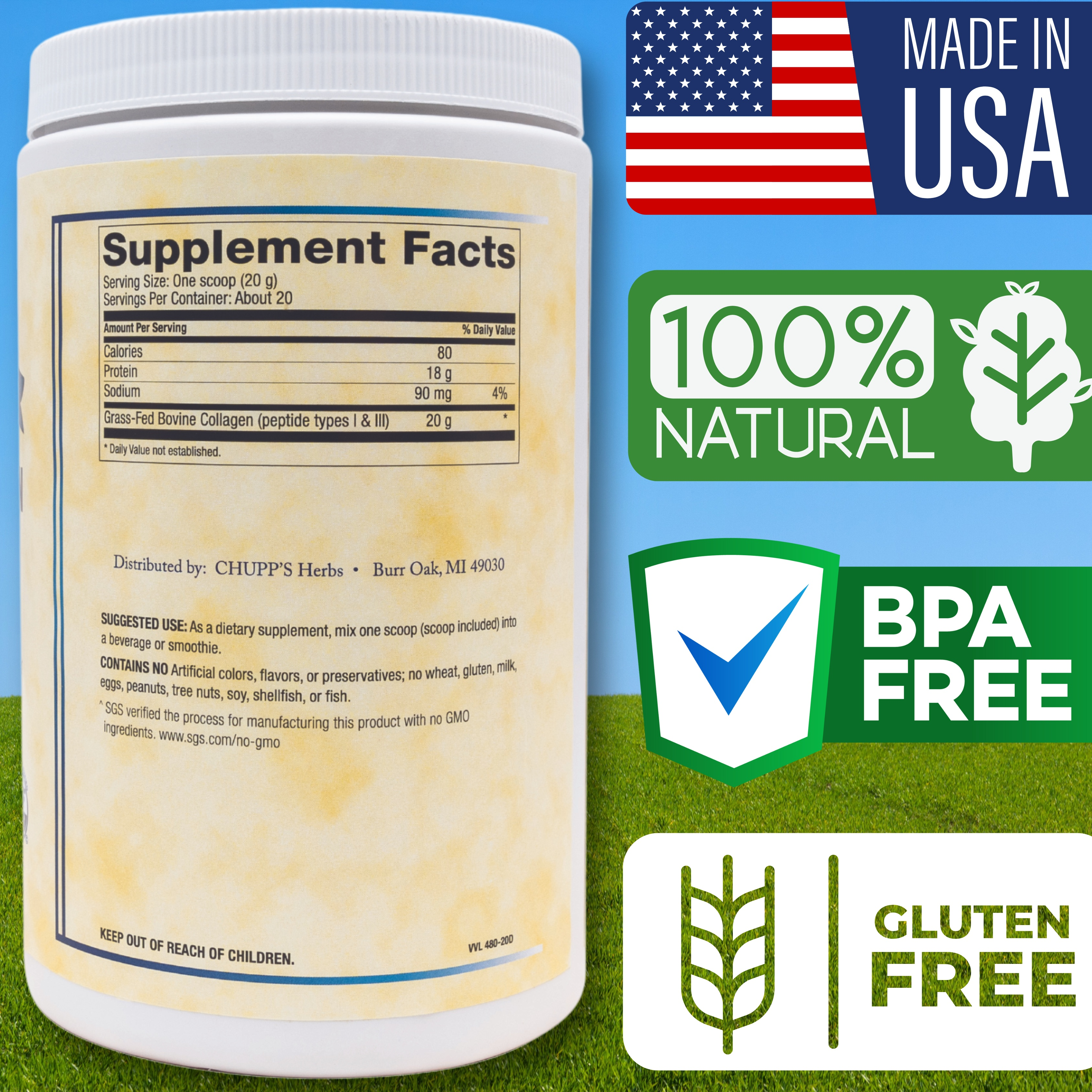 Pure Collagen Peptides supplement with USA flag, 100% natural, BPA free, and gluten free labels.