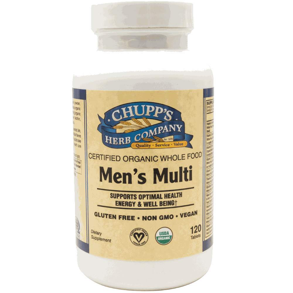 Mens Multi dietary supplement bottle for immune support and heart health.