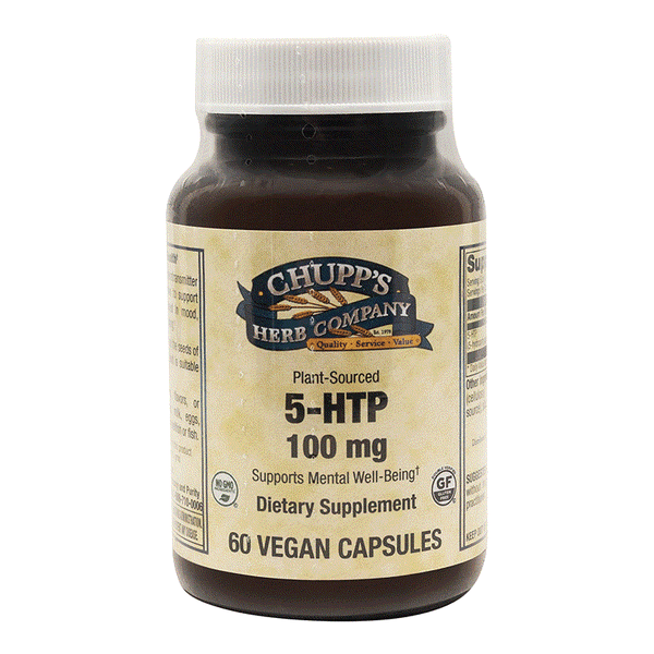 Bottle of Chupp's Herb Company 5-HTP Plant Sourced 100 mg vegan capsules dietary supplement for mood and sleep support