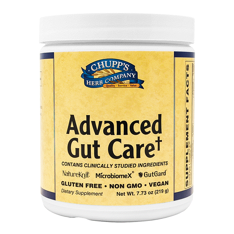 Advanced Gut Care dietary supplement with L-Glutamine, probiotics, digestive enzymes, gluten-free, non-GMO, and vegan support.