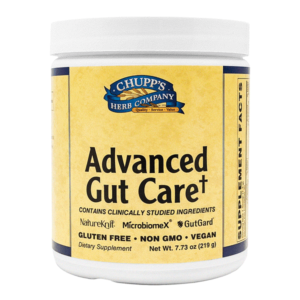 Advanced Gut Care dietary supplement with L-Glutamine, probiotics, digestive enzymes, gluten-free, non-GMO, and vegan support.