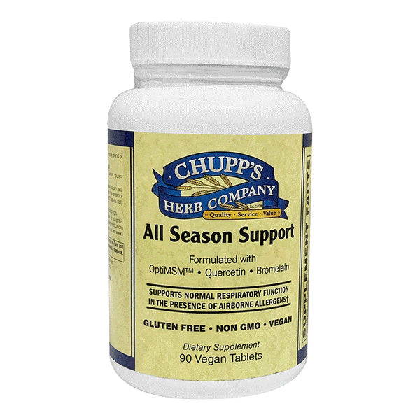 All Season Support dietary supplement bottle with 90 vegan tablets for respiratory function and seasonal herbal blend