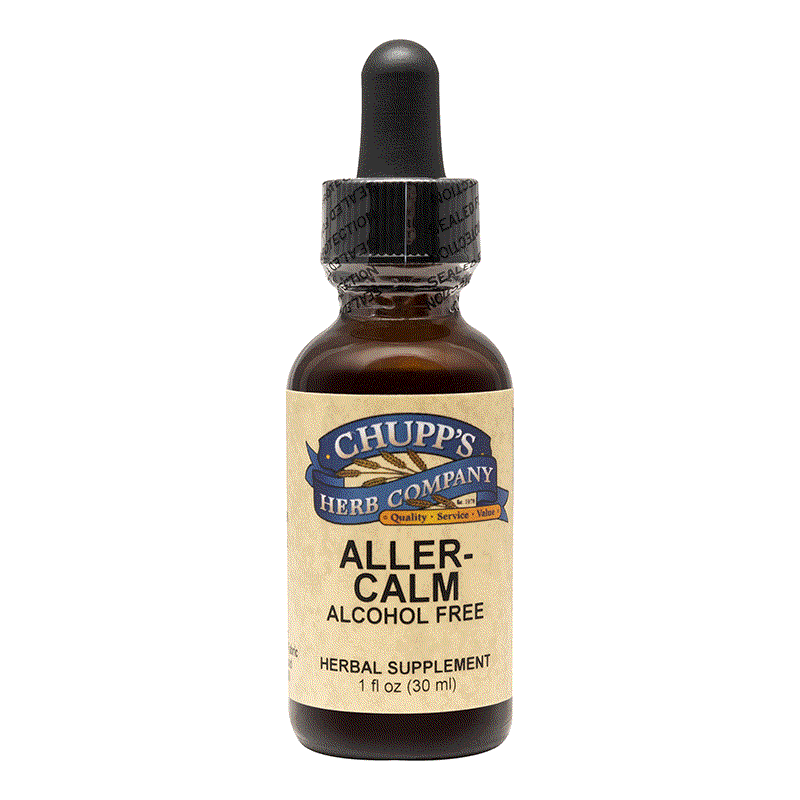 Aller-Calm alcohol-free herbal supplement with fresh turmeric root and respiratory blend in a dropper bottle