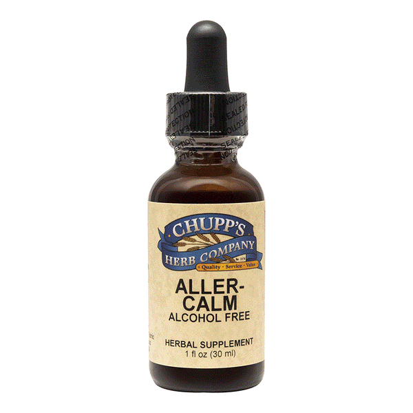 Aller-Calm alcohol-free herbal supplement with fresh turmeric root and respiratory blend in a dropper bottle