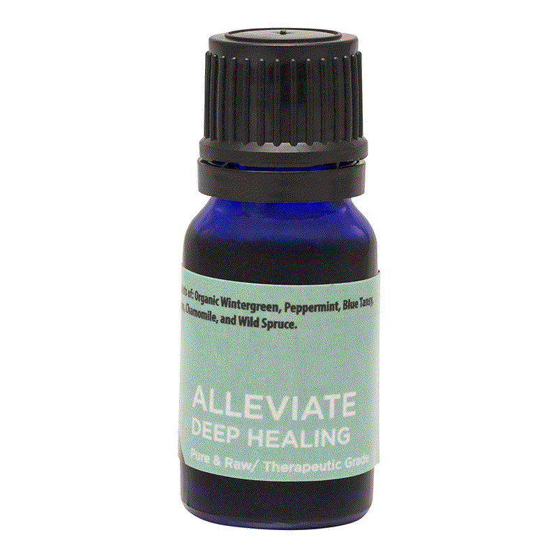 Blue bottle of Alleviate deep healing pure essential oils for muscle and joint relief