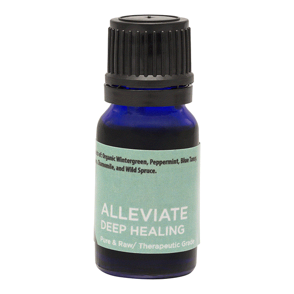 Blue bottle of Alleviate deep healing pure essential oils for muscle and joint relief