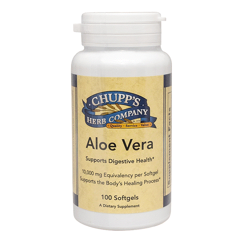 Bottle of Chupp's Herb Company Aloe Vera softgels supporting digestive health and healing process with 10,000 mg equivalency per softgel