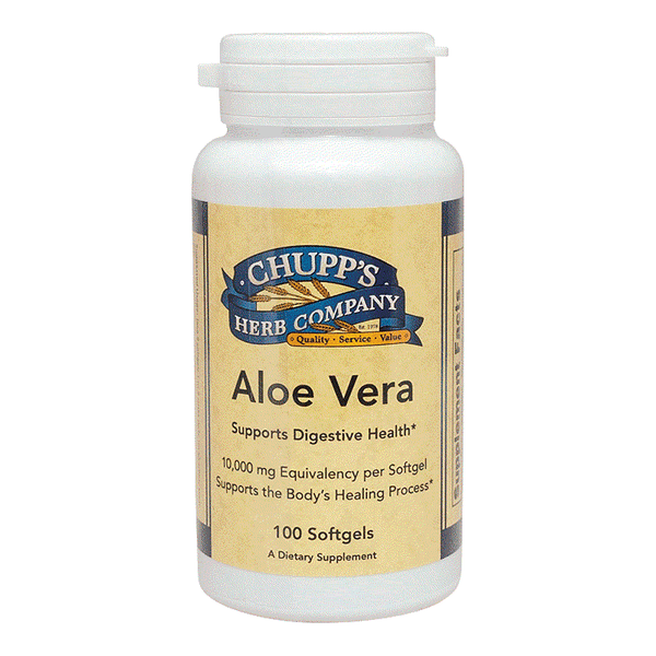 Bottle of Chupp's Herb Company Aloe Vera softgels supporting digestive health and healing process with 10,000 mg equivalency per softgel