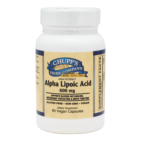 Bottle of Chupp's Herb Company Alpha Lipoic Acid 600 mg vegan capsules supporting nerve function and antioxidant protection