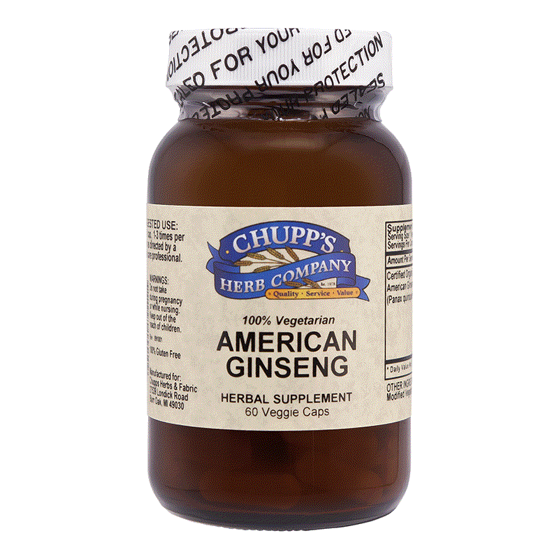 Bottle of Chupp's Herb Company American Ginseng herbal supplement with 60 vegetarian capsules, gluten-free and 400 mg per capsule.