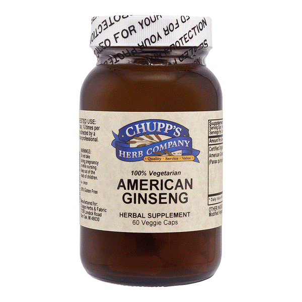 Bottle of Chupp's Herb Company American Ginseng herbal supplement with 60 vegetarian capsules, gluten-free and 400 mg per capsule.