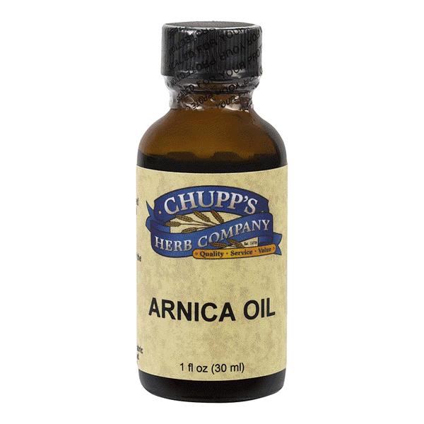 Bottle of Chupp's Arnica Oil with European Arnica flower, cold pressed, for bruises and joint discomfort relief