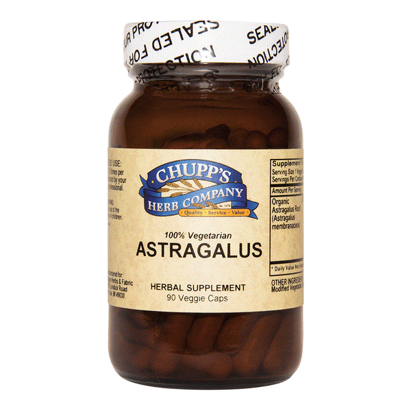 Organic Astragalus Root herbal supplement bottle with 90 vegetarian capsules supporting immune defense and gluten-free formula