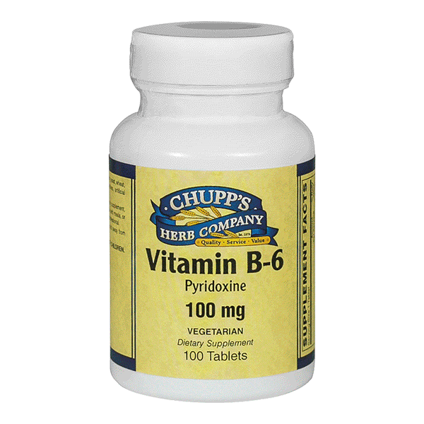 Chupp's Herb Company Vitamin B-6 Pyridoxine 100 mg vegetarian dietary supplement tablets bottle