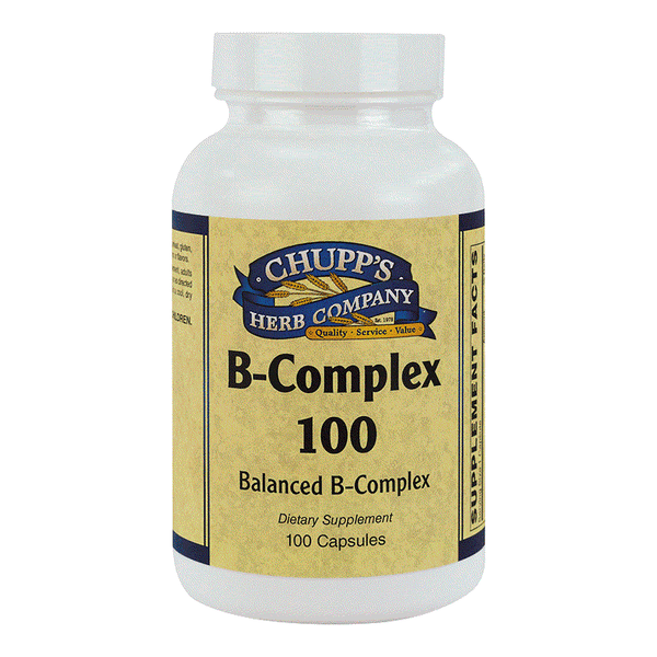 Bottle of B-Complex 100 dietary supplement capsules with balanced B vitamin blend and immune support formula