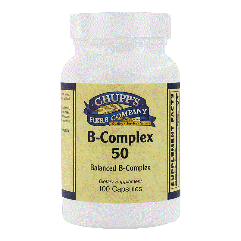 B-Complex 50 dietary supplement bottle with full B vitamin blend and immune support capsules