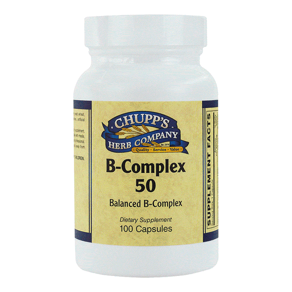 B-Complex 50 dietary supplement bottle with full B vitamin blend and immune support capsules