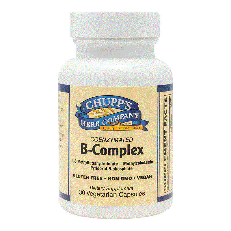 Bottle of Chupp's Herb Company Coenzymated B-Complex dietary supplement with methylated B vitamins, gluten free, non-GMO, vegan, 30 vegetarian capsules