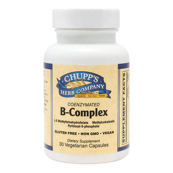 Bottle of Chupp's Herb Company Coenzymated B-Complex dietary supplement with methylated B vitamins, gluten free, non-GMO, vegan, 30 vegetarian capsules