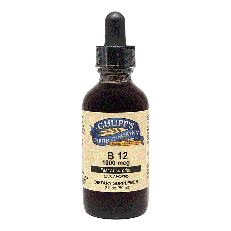 Bottle of Chupp's Herb Company B-12 1000 mcg fast absorption dietary supplement with dropper