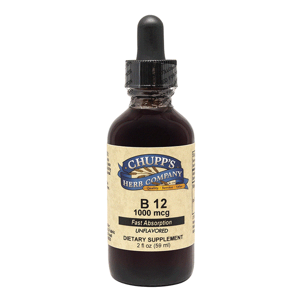 Bottle of Chupp's Herb Company B-12 1000 mcg fast absorption dietary supplement with dropper
