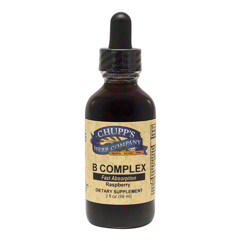 Bottle of Chupp's Herb Company Liquid B-Complex Blend dietary supplement with raspberry flavor and dropper cap
