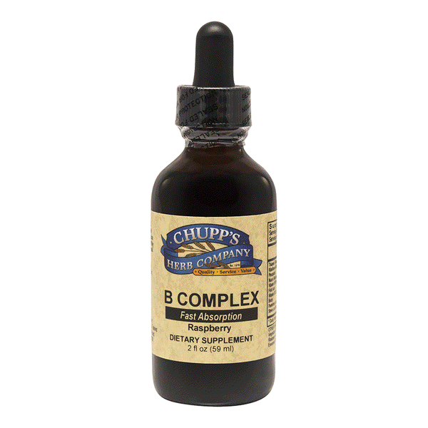 Bottle of Chupp's Herb Company Liquid B-Complex Blend dietary supplement with raspberry flavor and dropper cap