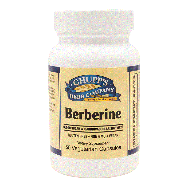 Bottle of Chupp's Herb Company Berberine dietary supplement with 500 mg vegetarian capsules for blood sugar and cardiovascular support