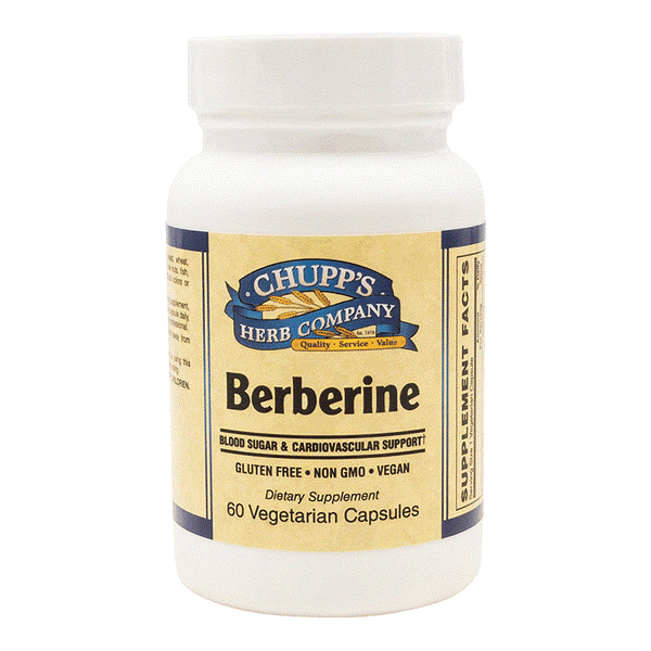Bottle of Chupp's Herb Company Berberine dietary supplement with 500 mg vegetarian capsules for blood sugar and cardiovascular support