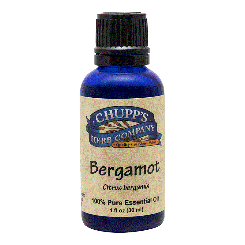 Blue bottle of 100% pure bergamot essential oil with citrus scent for acne-prone and oily skin care.