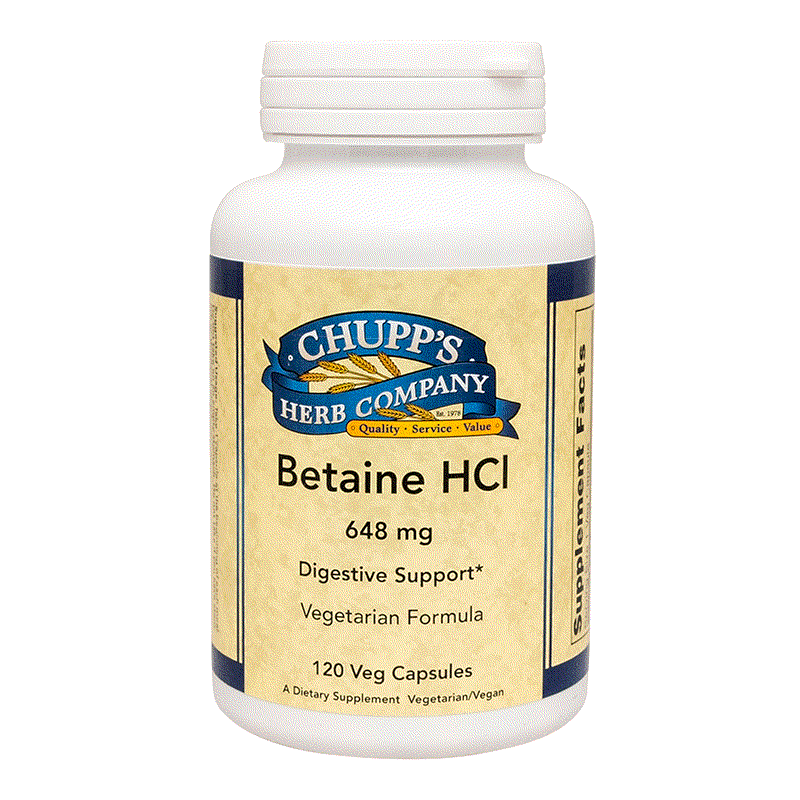 Chupp's Herb Company Betaine HCI 648 mg digestive support vegetarian capsules bottle