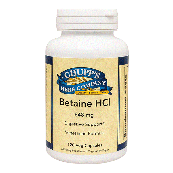 Chupp's Herb Company Betaine HCI 648 mg digestive support vegetarian capsules bottle