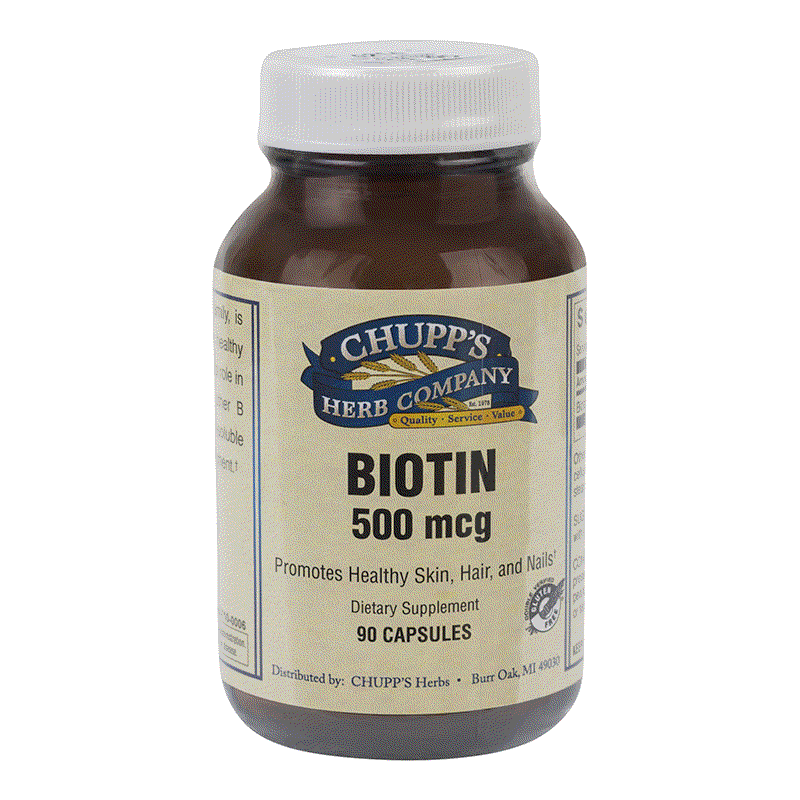 Chupp's Herb Company Biotin 500 mcg dietary supplement bottle with 90 capsules for healthy skin, hair, and nails.
