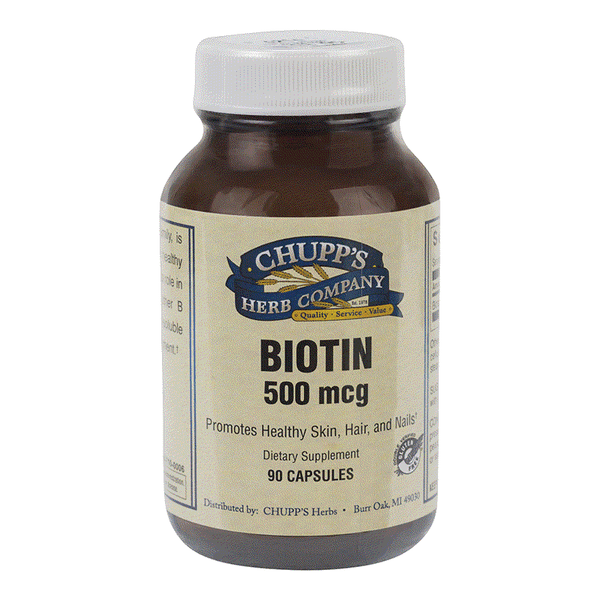 Chupp's Herb Company Biotin 500 mcg dietary supplement bottle with 90 capsules for healthy skin, hair, and nails.