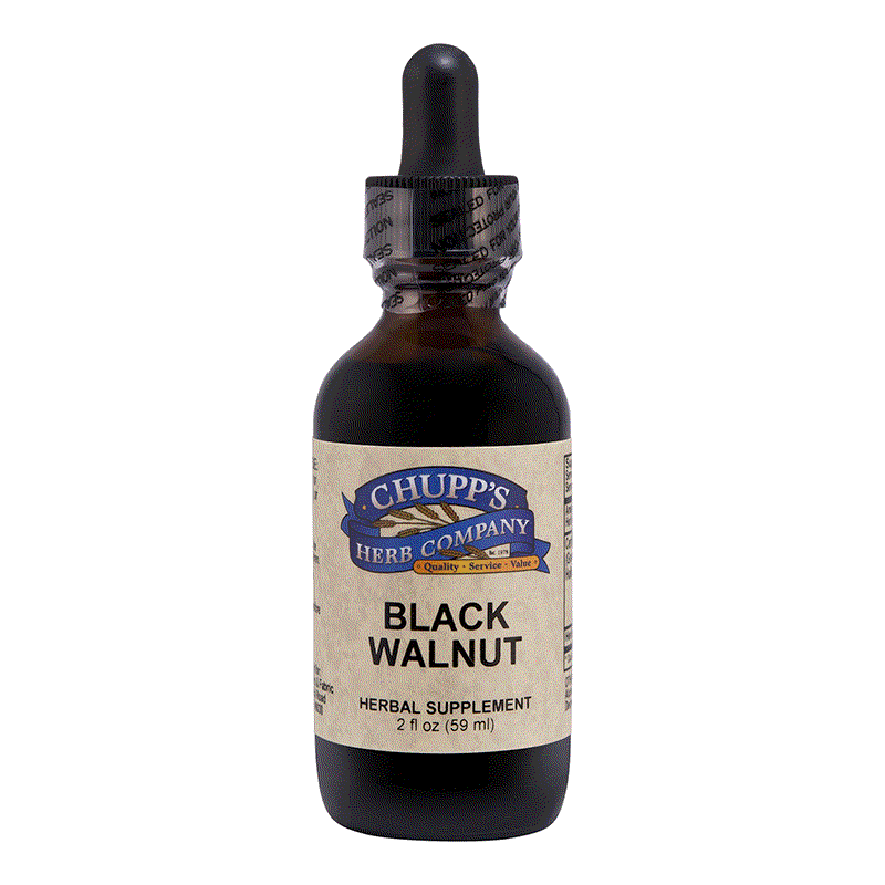 Chupp's Herb Company Black Walnut herbal supplement bottle with 1000mg per serving for tooth and gut health.