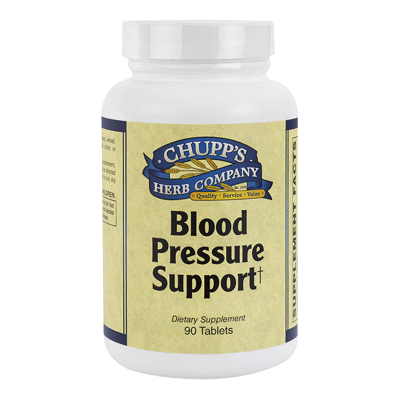 Chupp's Herb Company Blood Pressure Support dietary supplement bottle with 90 tablets for blood pressure blend and magnesium citrate oxide, gluten and soy free.