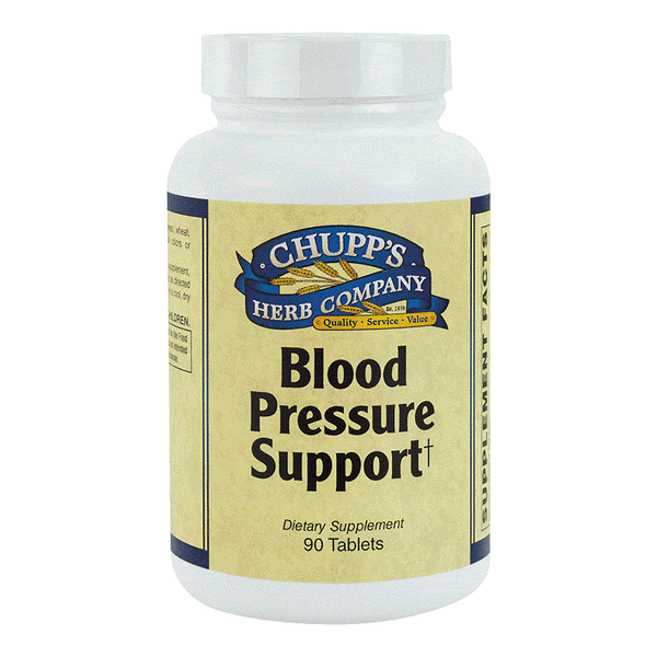 Chupp's Herb Company Blood Pressure Support dietary supplement bottle with 90 tablets for blood pressure blend and magnesium citrate oxide, gluten and soy free.