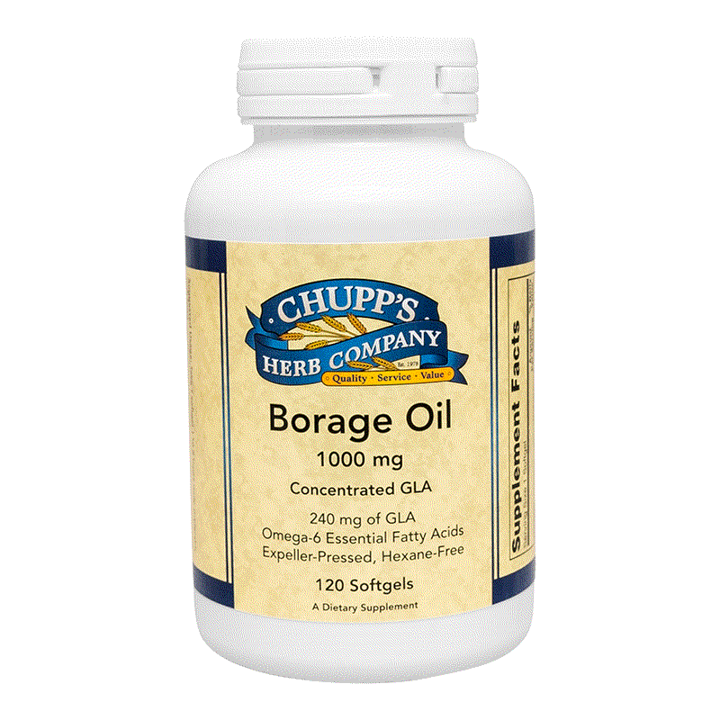 Bottle of Chupp's Herb Company Borage Oil 1000 mg softgels for heart, nerve, and skin support rich in GLA