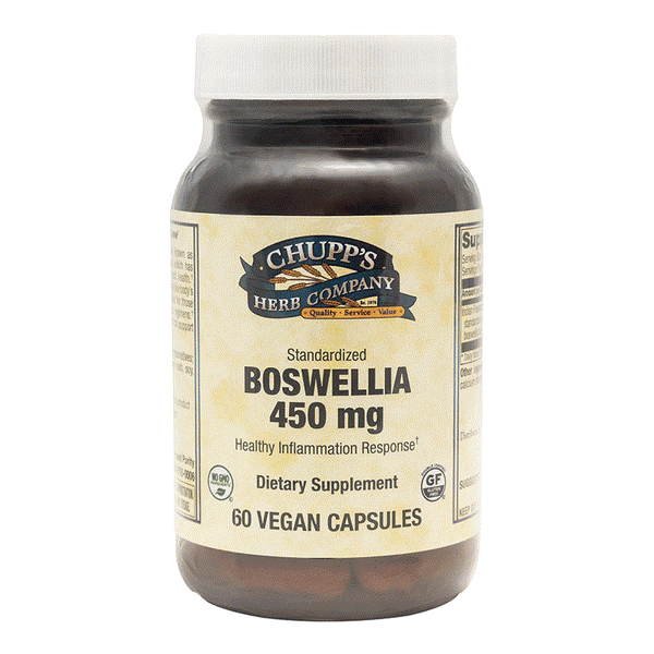 Chupp's Herb Company Boswellia 450 mg dietary supplement bottle with 60 vegan capsules for healthy inflammation response