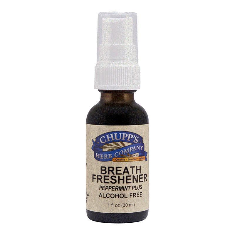 Alcohol-free peppermint oil breath freshener spray with chlorophyll and xylitol in a pocket-size bottle