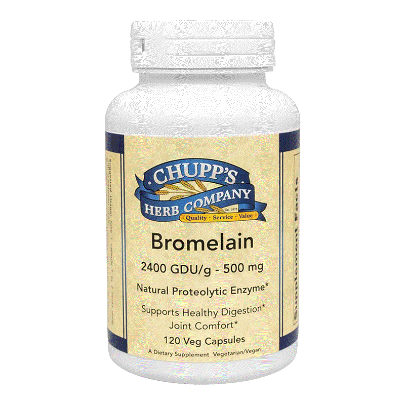 Chupp's Herb Company Bromelain supplement bottle featuring pineapple stem enzyme for joint comfort and healthy digestion, 120 vegetarian capsules