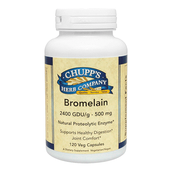 Chupp's Herb Company Bromelain supplement bottle featuring pineapple stem enzyme for joint comfort and healthy digestion, 120 vegetarian capsules