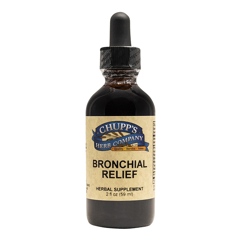Bronchial Relief herbal supplement bottle with alcohol-free cough blend and ginger root extract, 2 fl oz.
