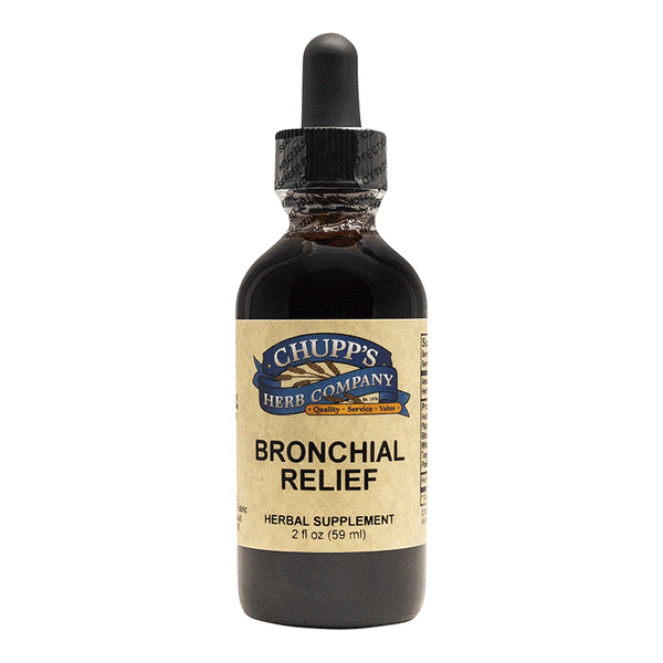 Bronchial Relief herbal supplement bottle with alcohol-free cough blend and ginger root extract, 2 fl oz.