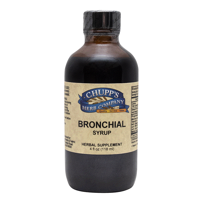 Bronchial Syrup herbal supplement with wild cherry bark and ginger root in 4 oz bottle by Chupp's Herb Company