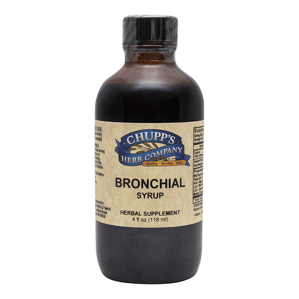 Bronchial Syrup herbal supplement with wild cherry bark and ginger root in 4 oz bottle by Chupp's Herb Company